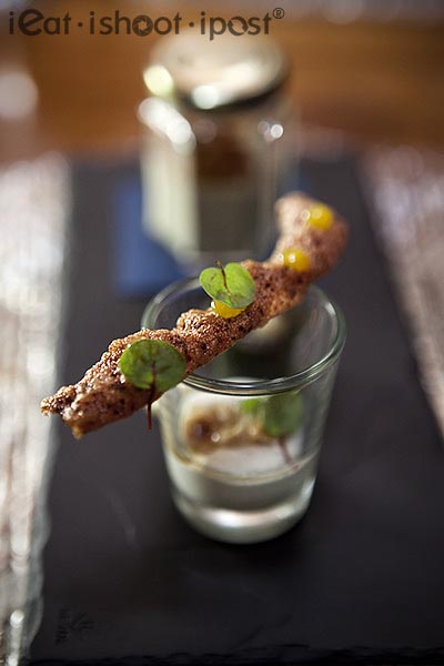 Amuse Bouche: Truffle Goat Cheese Creme with Cassis Mustard Keropok