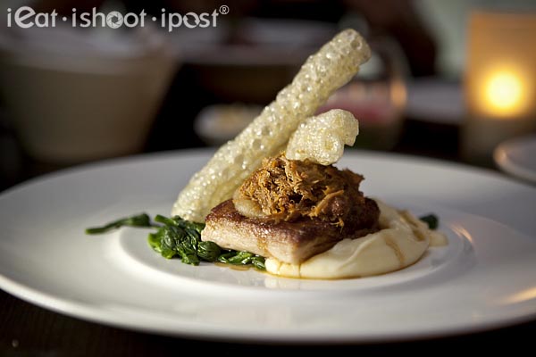 Pork: Sous vide pork belly (for 48 hours in cider) with mash potato bbq pulled pork crispy pig skin apple sauce and spinach $30