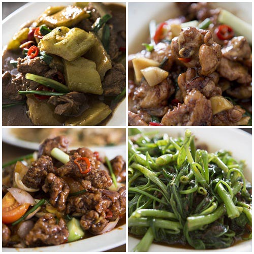 Bittergourd and Pork, Sesame Oil Chicken, Sweet and Sour Pork and Sambal Kangkong