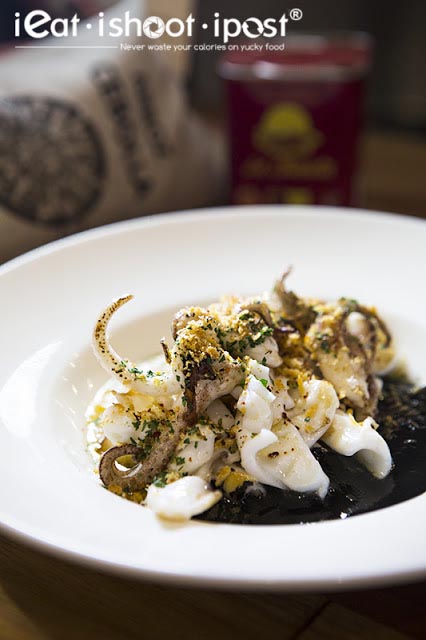 Calamares - Calamari ala plancha with white onion puree and black squid ink (half portion shown) $26 4.25/5