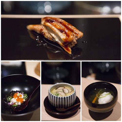 Anticlockwise: Anago, Yuba with Ikura, Chawanmushi, Soup