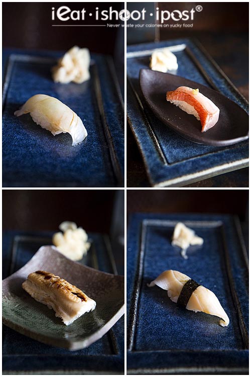 Clockwise from top left: Konbujime Hirame, Kinmedai, Mirugai, Anago