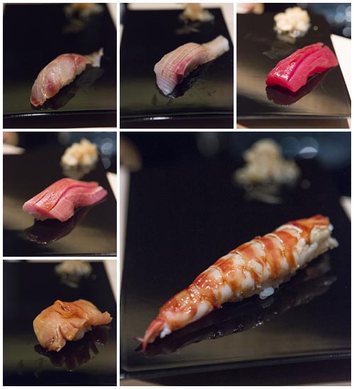 Anticlockwise from top right: Maguro, Kanpachi belly, Suzuki, Chutoro, Akagai, Kuruma Ebi