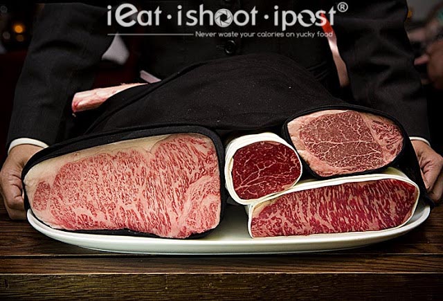 Starting from left and clockwise: Kobe Sirloin, US Kobe Tenderloin, Kobe Tenderloin, US Kobe Sirloi