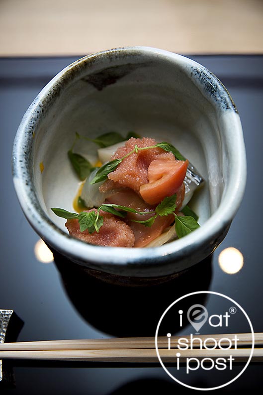 Summer Vegetables with Sayori, Tsubugai, Hotate, Mirugai, Akagai and Seabream Roe