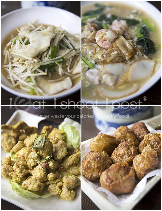 Clockwise: Sum Lor Hor Fun $6, Hor Fun $4, Prawn Rolls, Ultraman Chicken $12