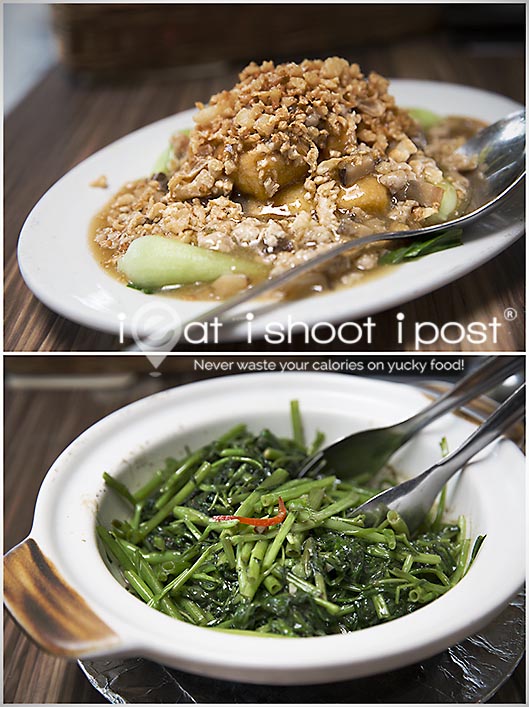 BeanCurd with Chye Poh $12, Prawn Paste Kang Kong $15