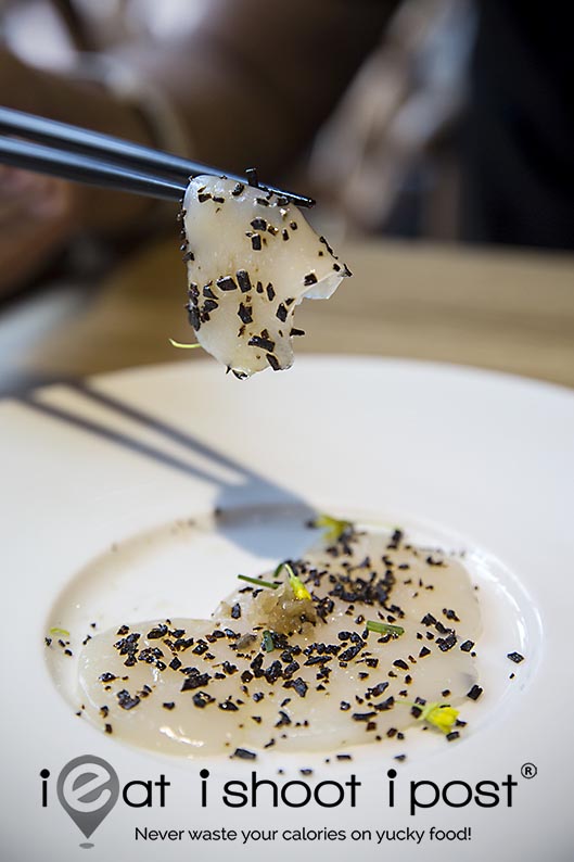 Sashimi of Hokkaido Scallop with Chai Poh and Shio Konbu