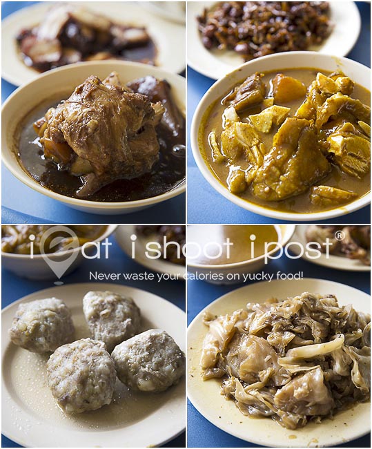 Clockwise, pig trotter, curry chicken, chap chye, meat balls