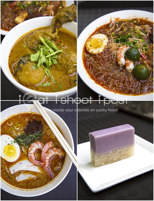 Clockwise: Curry chicken, mee siam, lavender kueh, laksa