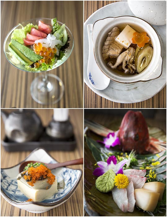 Clockwise: Shiro Ebi salad, Tuna Soup, Sashimi, Pidan Tofu