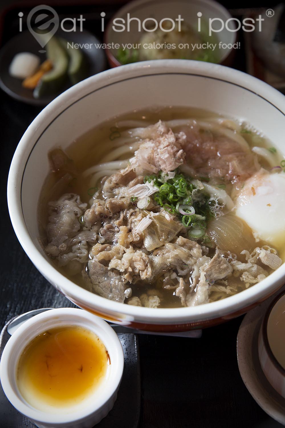 Sukiyaki (Aust Wagyu) Udon Set (includes pickles, onigiri, potato salad, dessert) $22