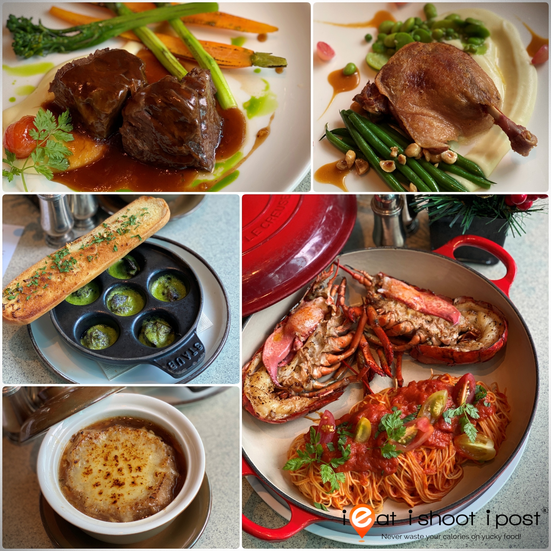 From top left: Beef Cheek, Duck Confit, L'American lobster, French Onion Soup and Escagot