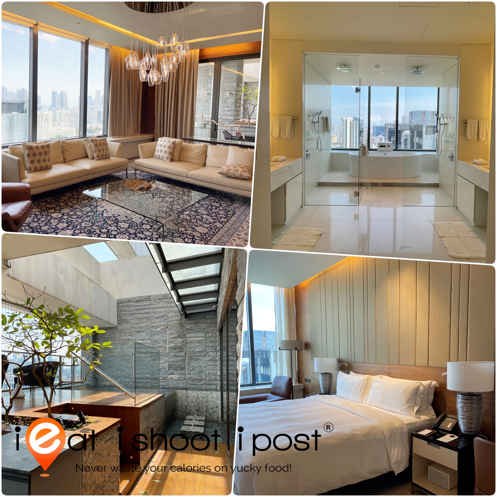 Presidential Suite (clockwise) - living room, master bathroom, master bedroom and balcony spa 