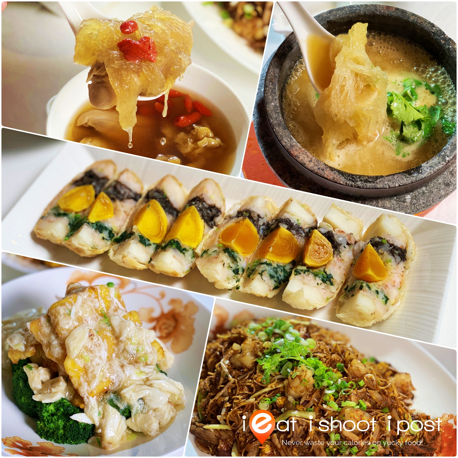 From Top Clockwise: Double-boiled Superior Bird’s Nest Soup with Chicken, Dried Scallops and Yellow Fungus, Braised Bird’s Nest Soup with Dried Scallops and Fish Maw in Stone Pot , Fried Tiger Garoupa Fillet with Crabmeat Sauce and Broccoli, Stir-fried Rice Vermicelli with Shredded Duck and Seafood 