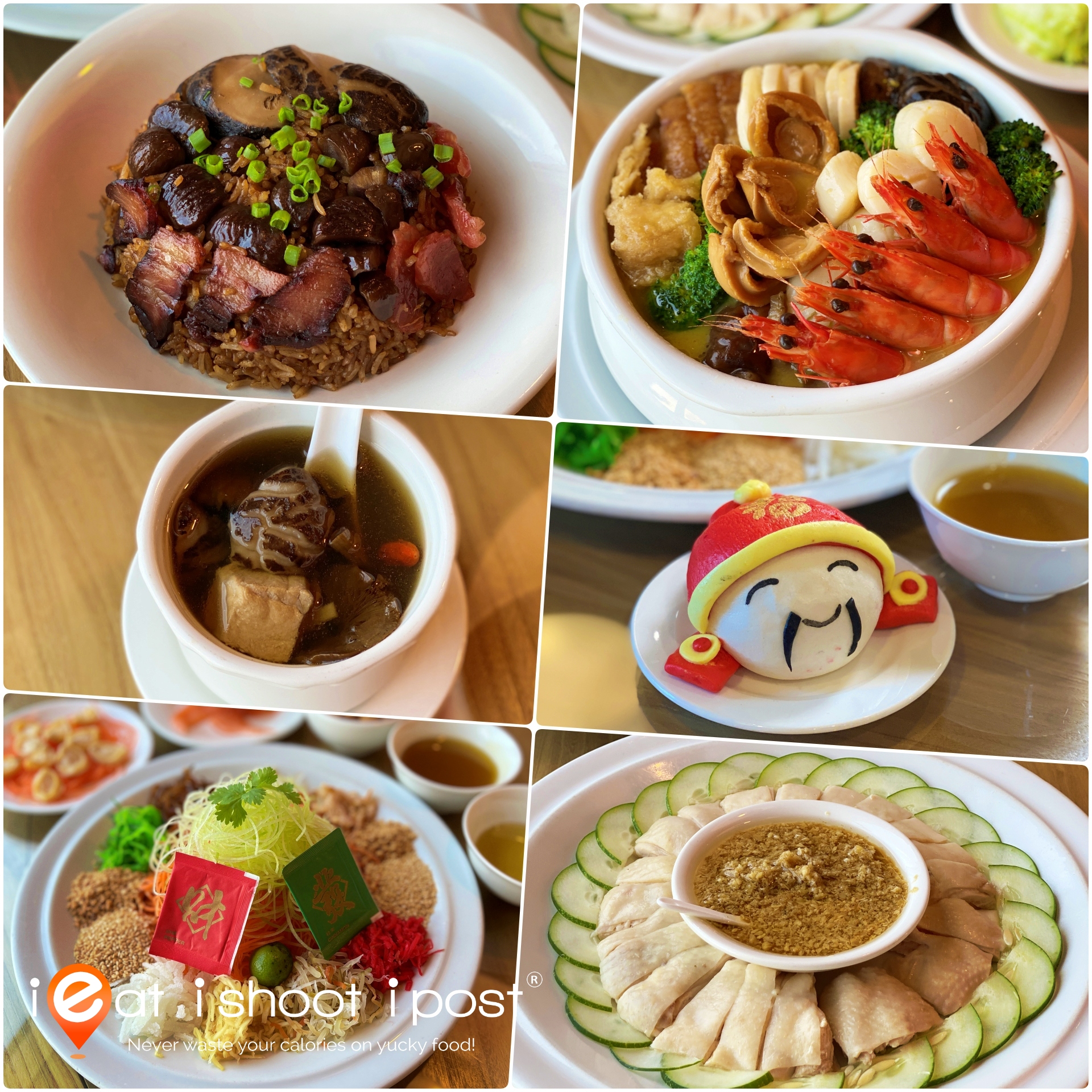 Clockwise from top left: Steamed rice with Chinese sausage and braised mushroom, Wellness Collagen Treasure Pot, Fa Cai Bao Bao bun, Samsui Ginger Chicken, Yu Sheng with salmon and baby abalone, Double-boiled golden mushroom soup with dried scallop