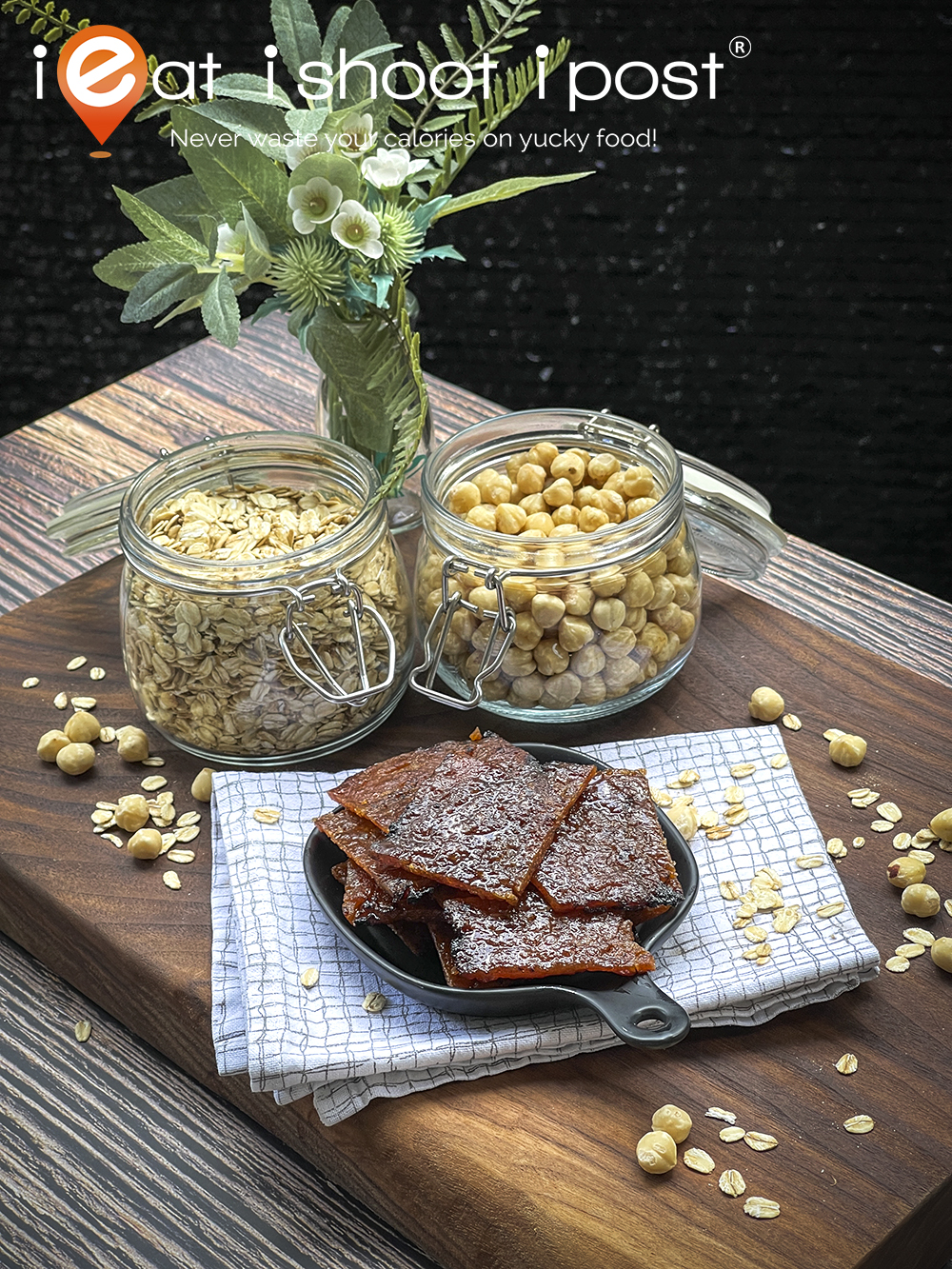 Bak Kwa, (background) Hazelnuts and Rolled oats