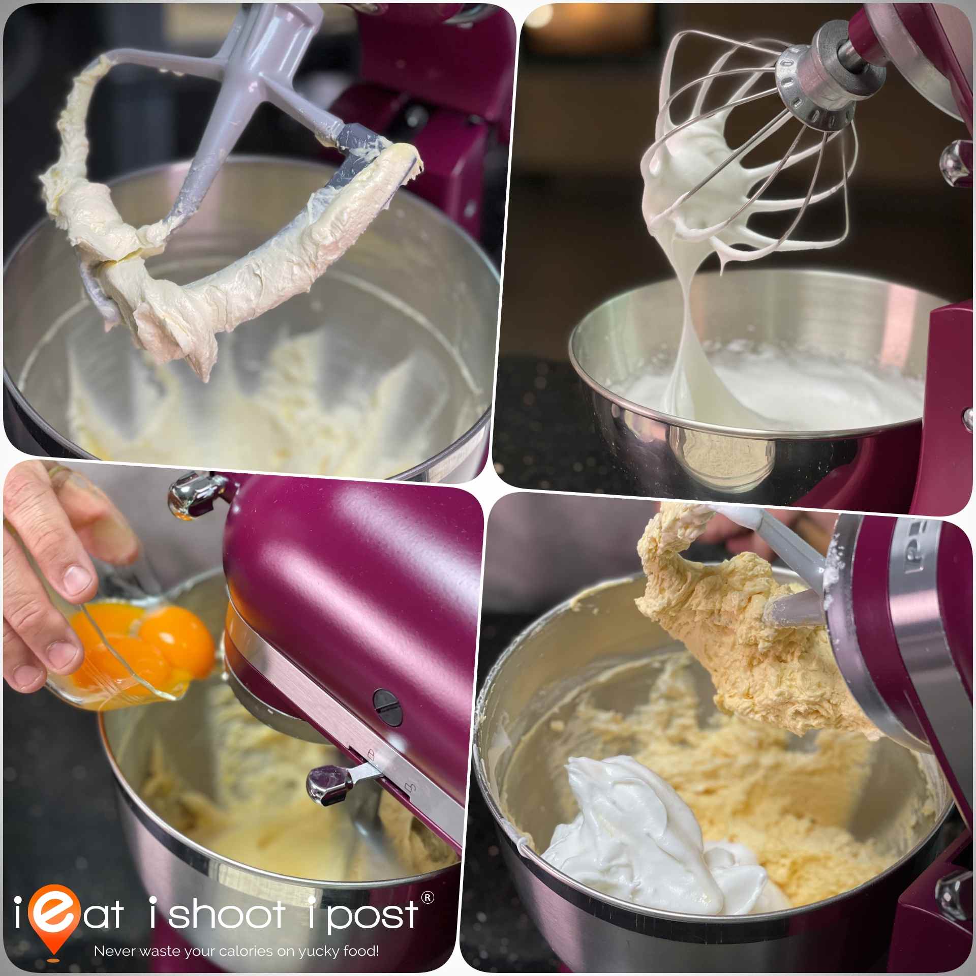 Top: Creaming the butter until pale yellow, whip the whites with castor sugar until soft peaks Bottom: Adding one egg yolk at a time, mixing team yellow and team white together