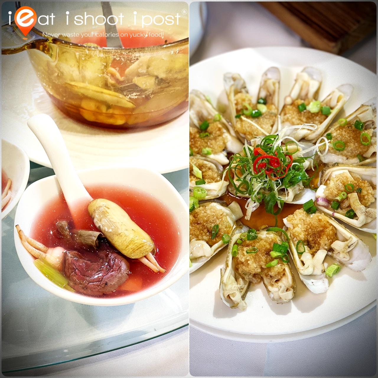 Red Mushroom Duotou Clam Soup, $28.80 Steamed Duotou Clams with Minced Garlic $26.80