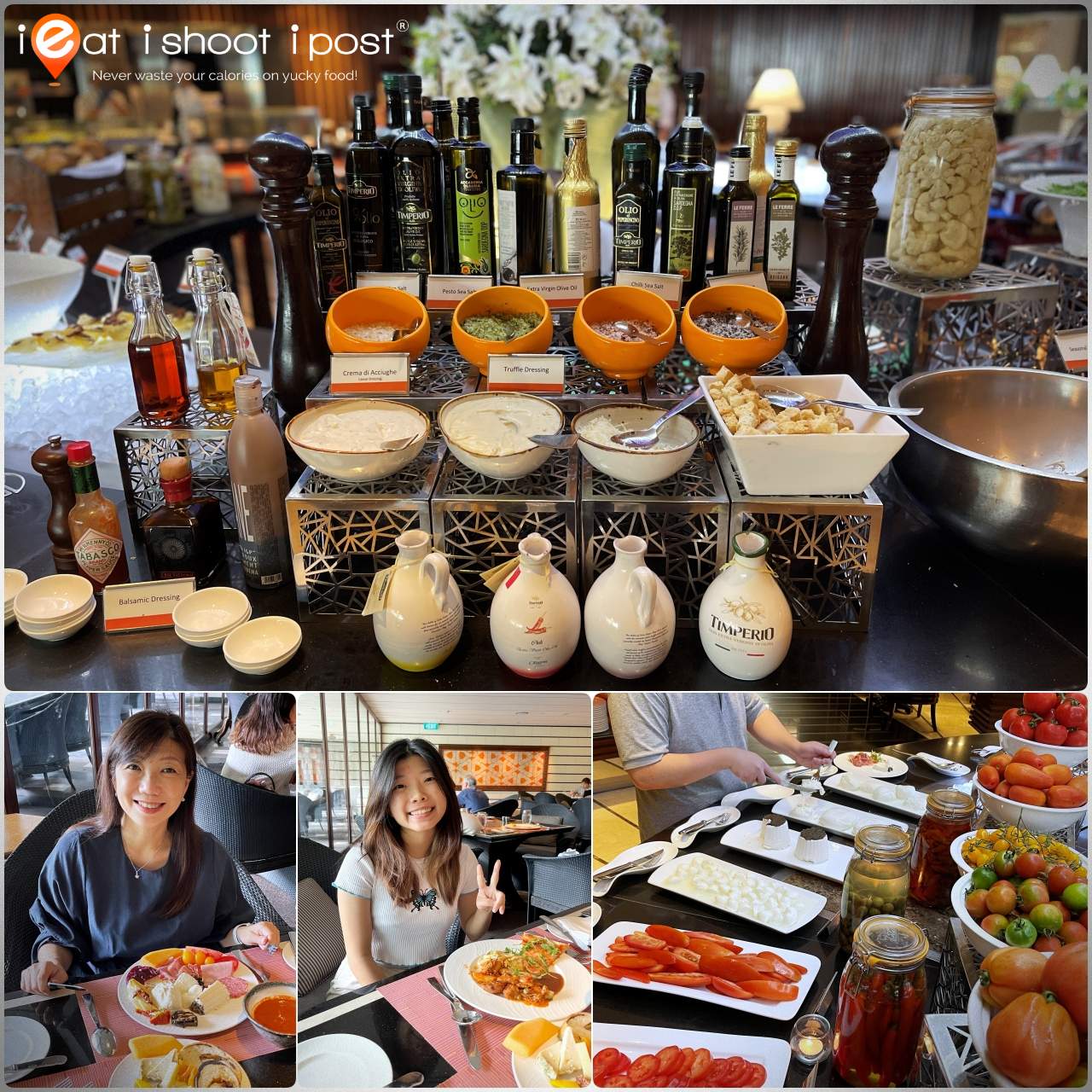 Top: Selection of Olive Oils and dips Bottom: Lisa and Megan with their plates of food and tomato and cheese section