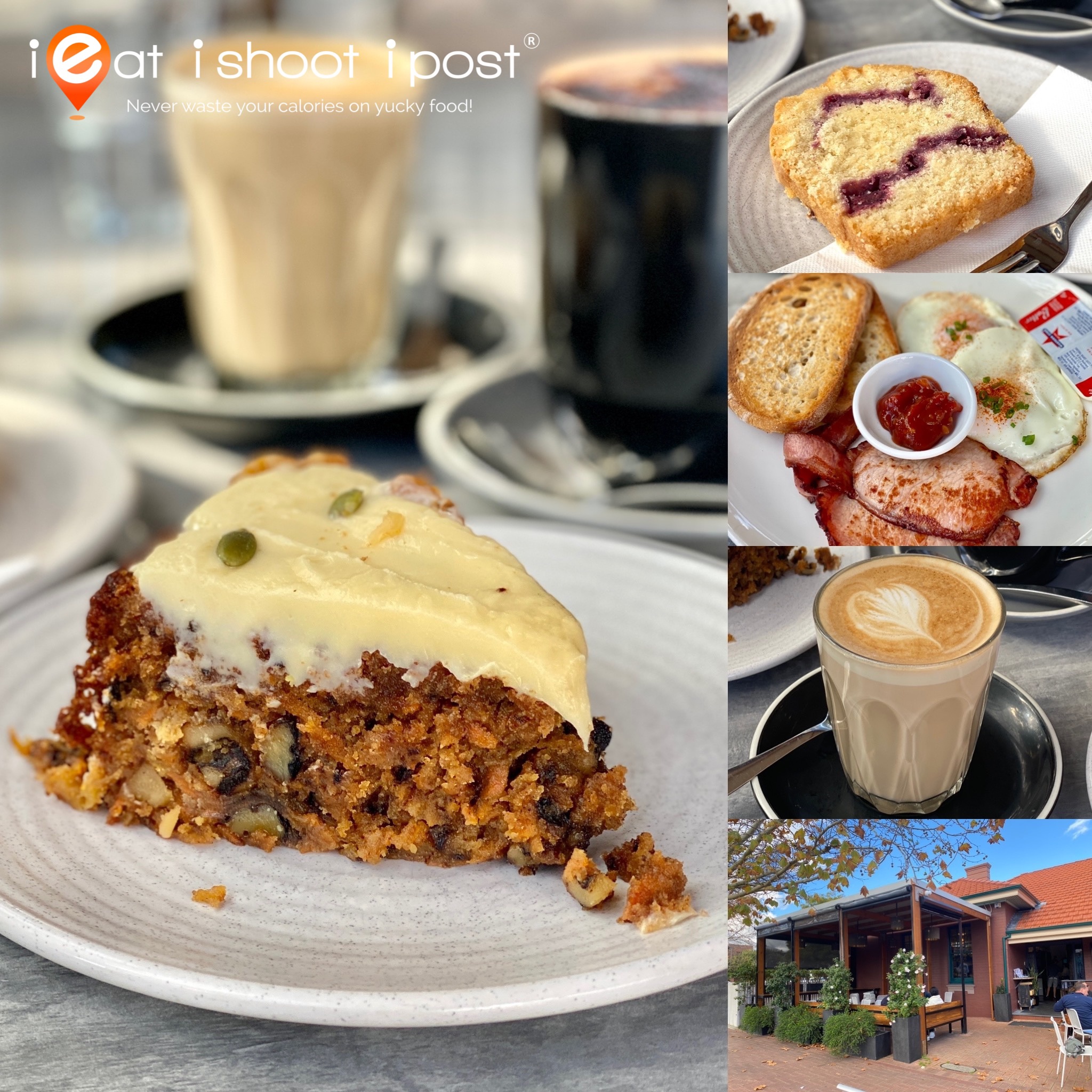 Sage Cafe: Carrot Cake, Raspberry Cake, Breakfast platter and Latte