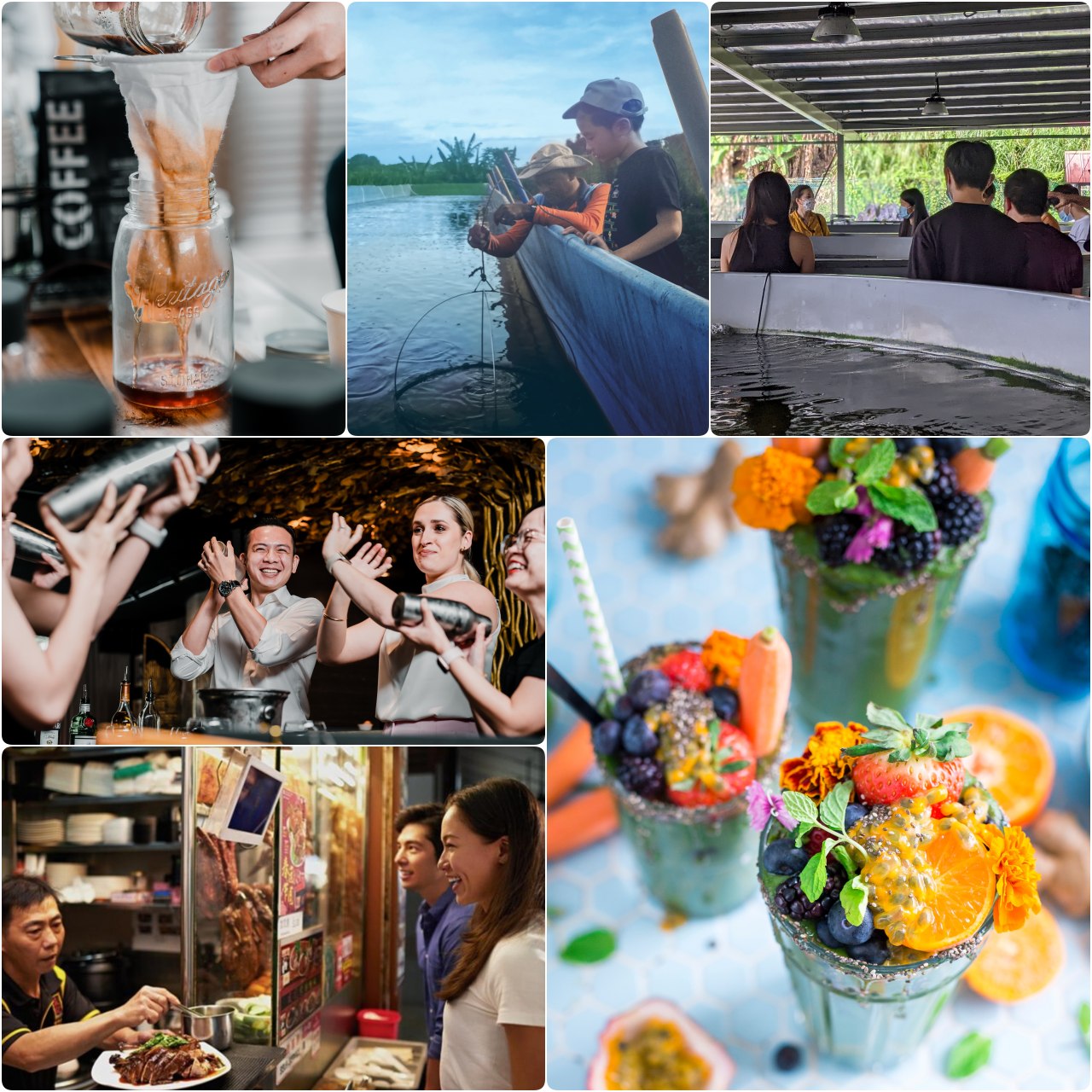 Top left clockwise - Kopi sock to cold brew workshop, Shrimp farm tour, Aqua culture farm tour, Fruits Tour