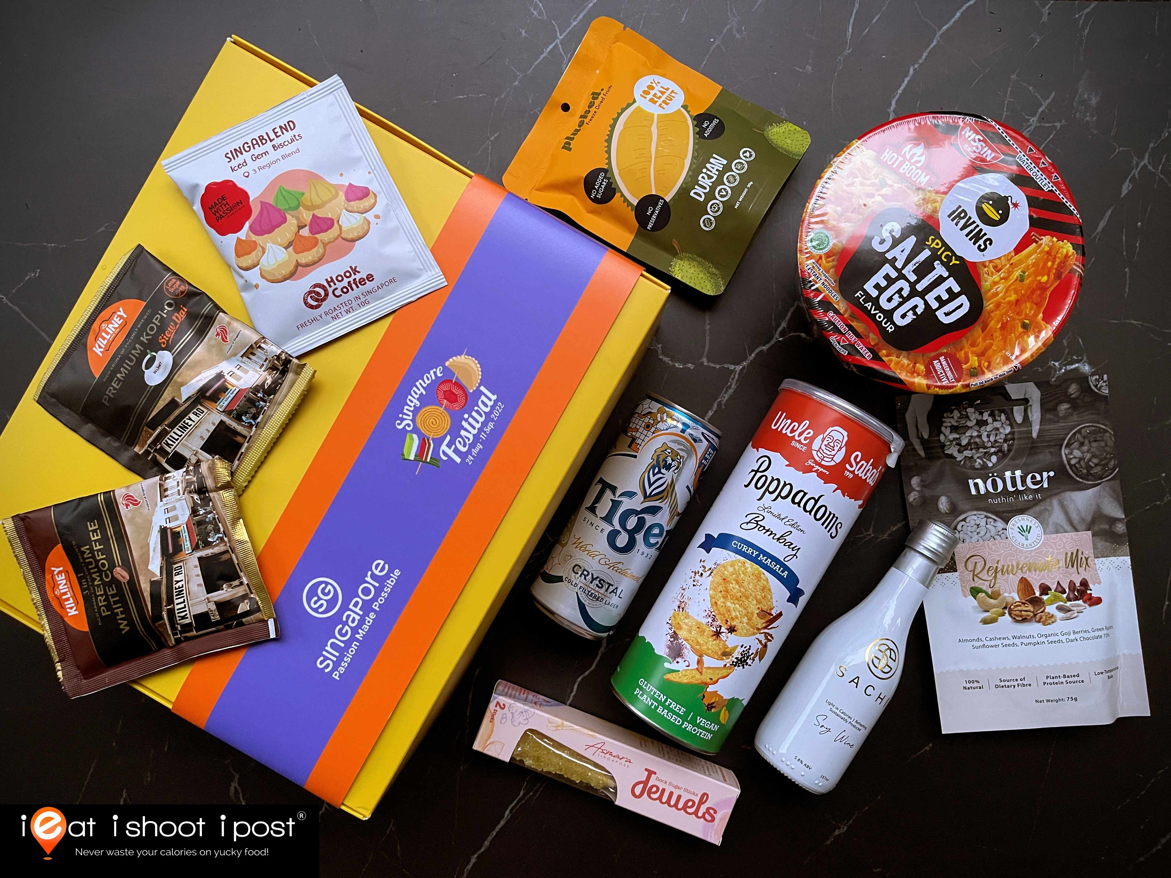 SFF box of goodies filled with Singapore brand drinks and snacks