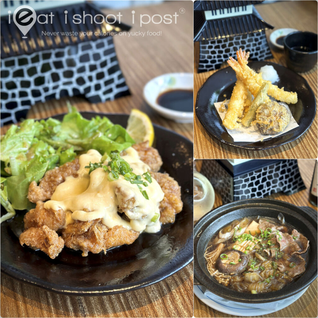 Chicken nanban, tempura and beef sukiyaki