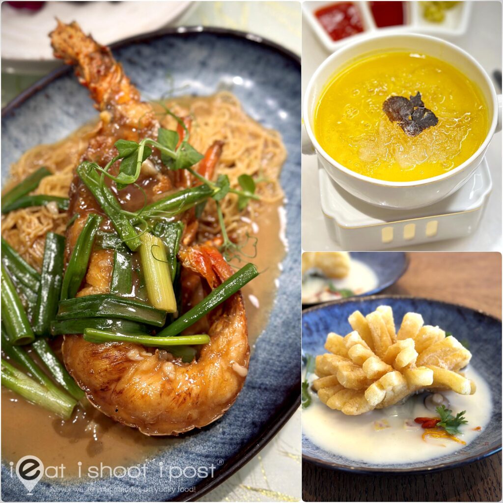 Lobster noodles, bird's nest soup and fried codfish in soy bean stock