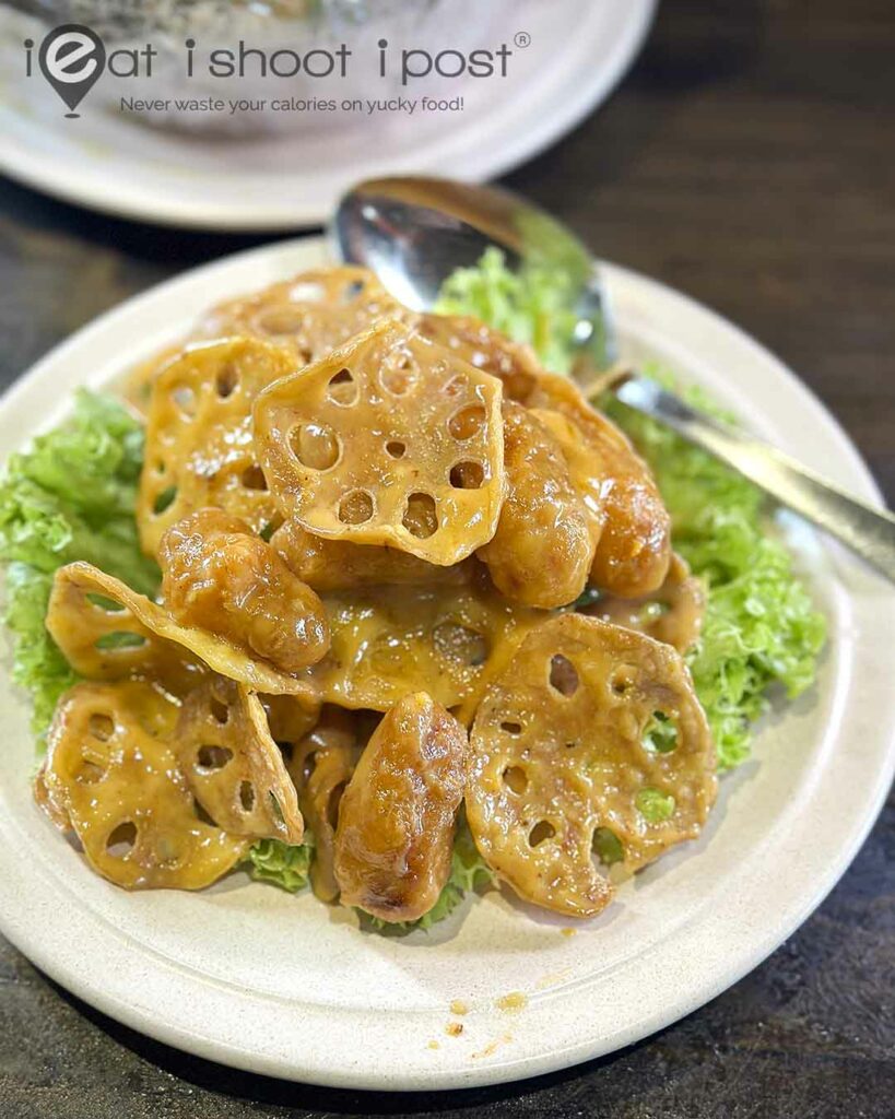 crispy lotus root and pumpkin with salted egg sauce